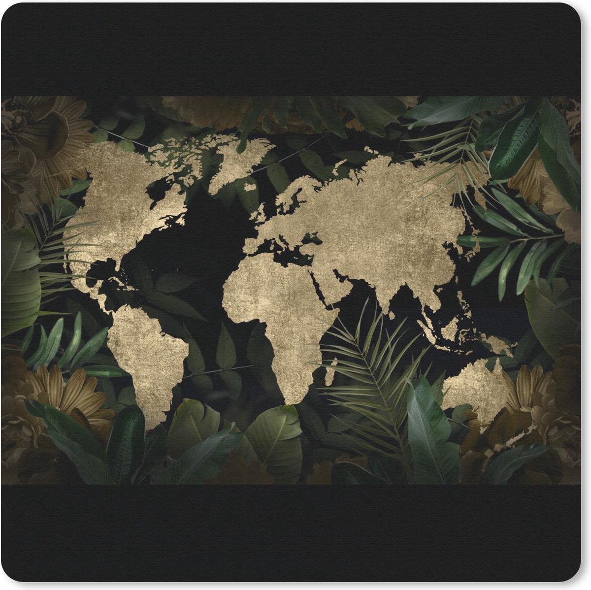 Muismat 30x30 cm - Mousepad Wereldkaart - Goud - Bladeren - Muismatten