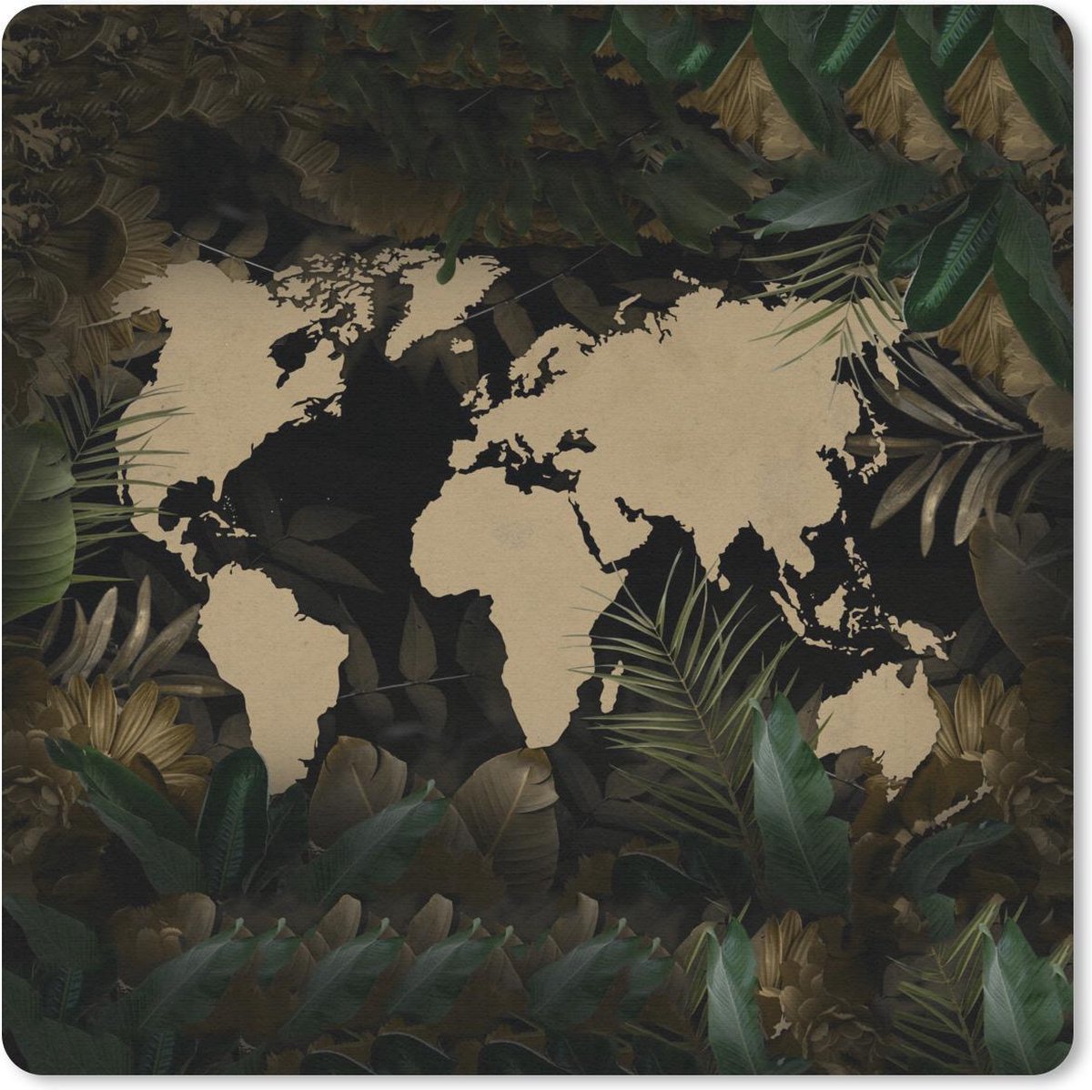 Muismat 20x20 cm - Mousepad Wereldkaart - Bladeren - Beige - Muismatten