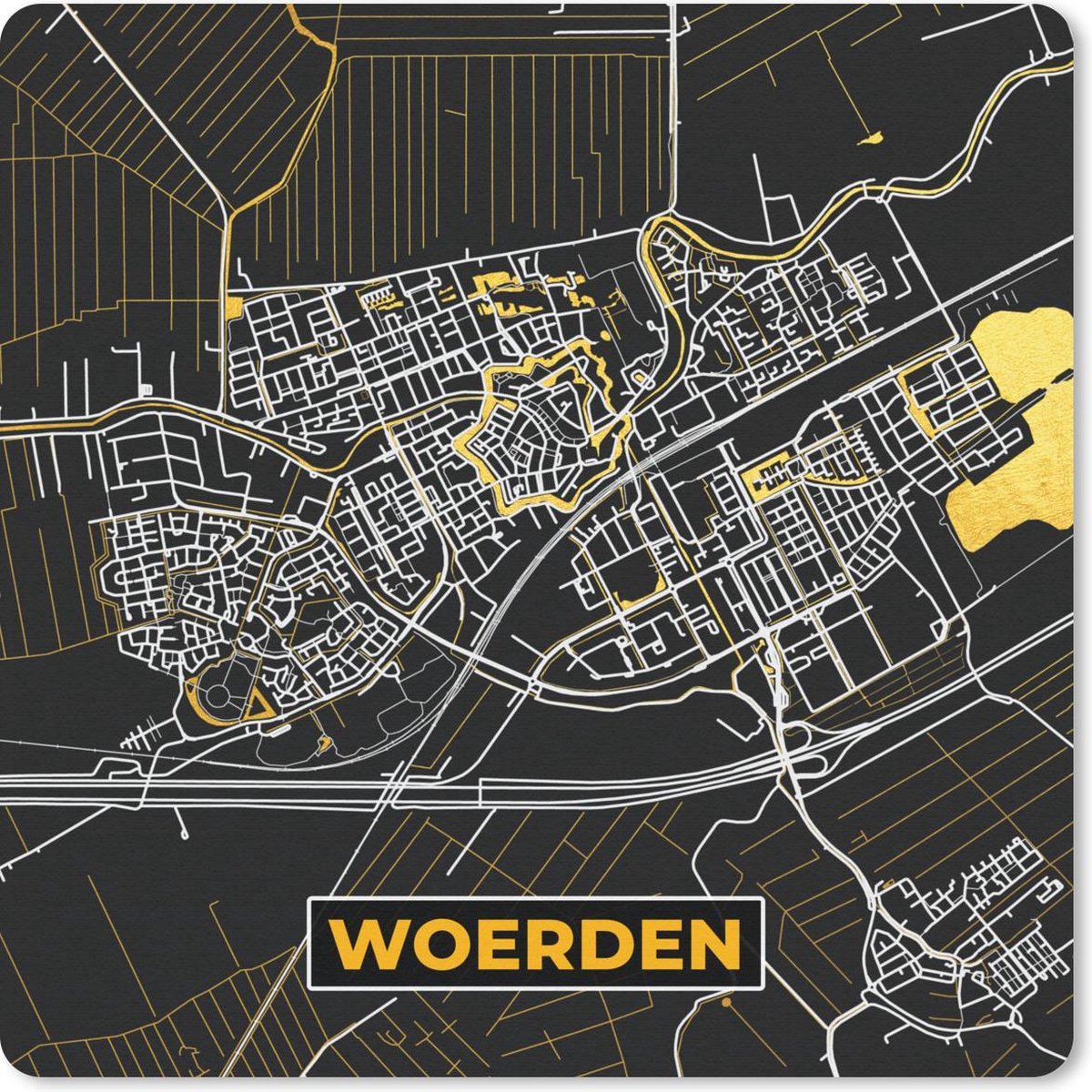 Muismat 30x30 cm - Mousepad Kaart - Woerden - Goud - Zwart - Muismatten