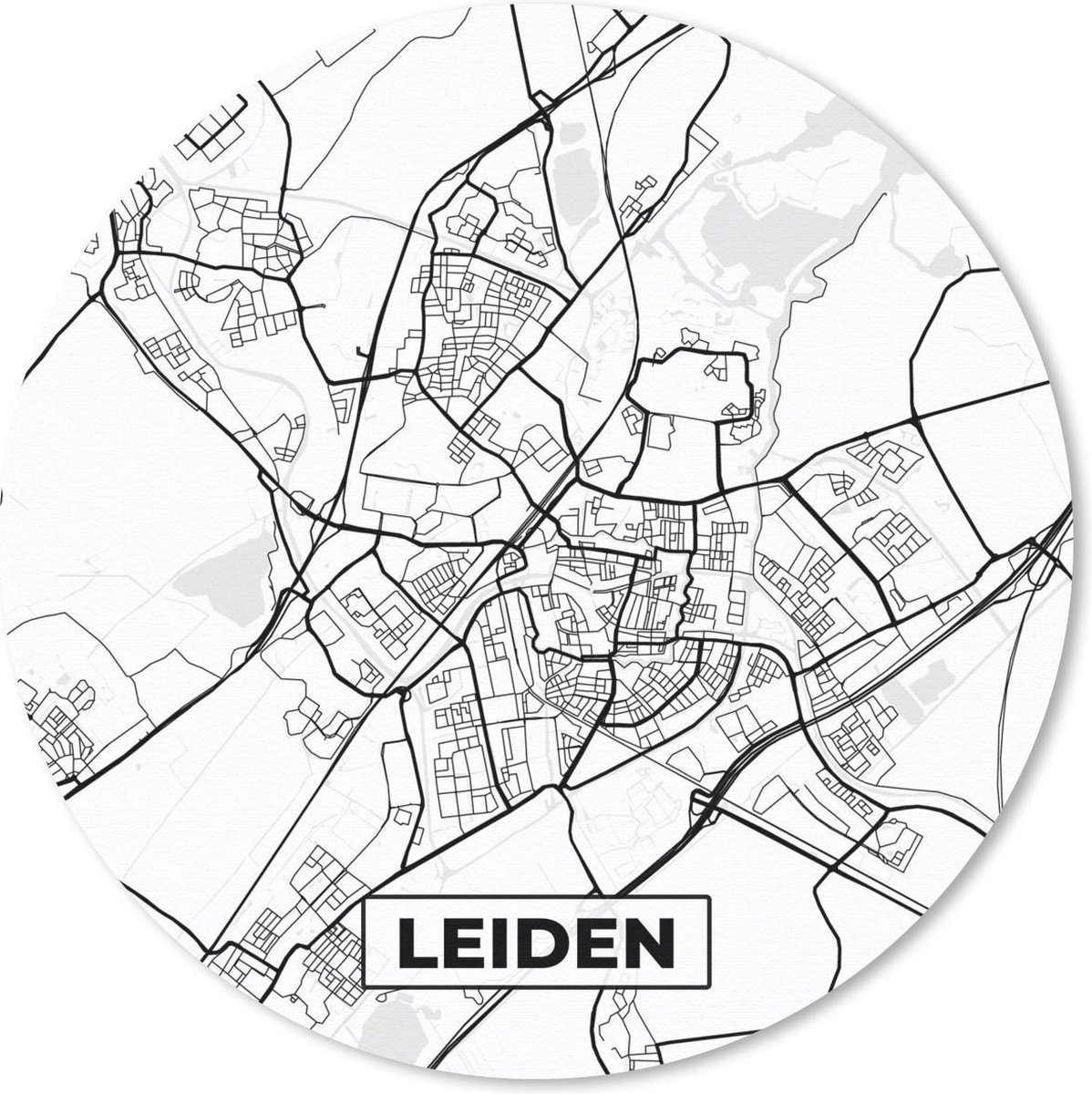 Muismat rond 20x20 cm - Mousepad Kaart - Leiden - Zwart - Wit - Ronde muismatten