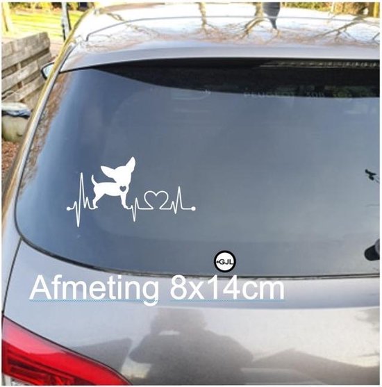 Auto - Raam Sticker -  Chihuahua met hartslag 8 x 14 cm - Kleur Wit