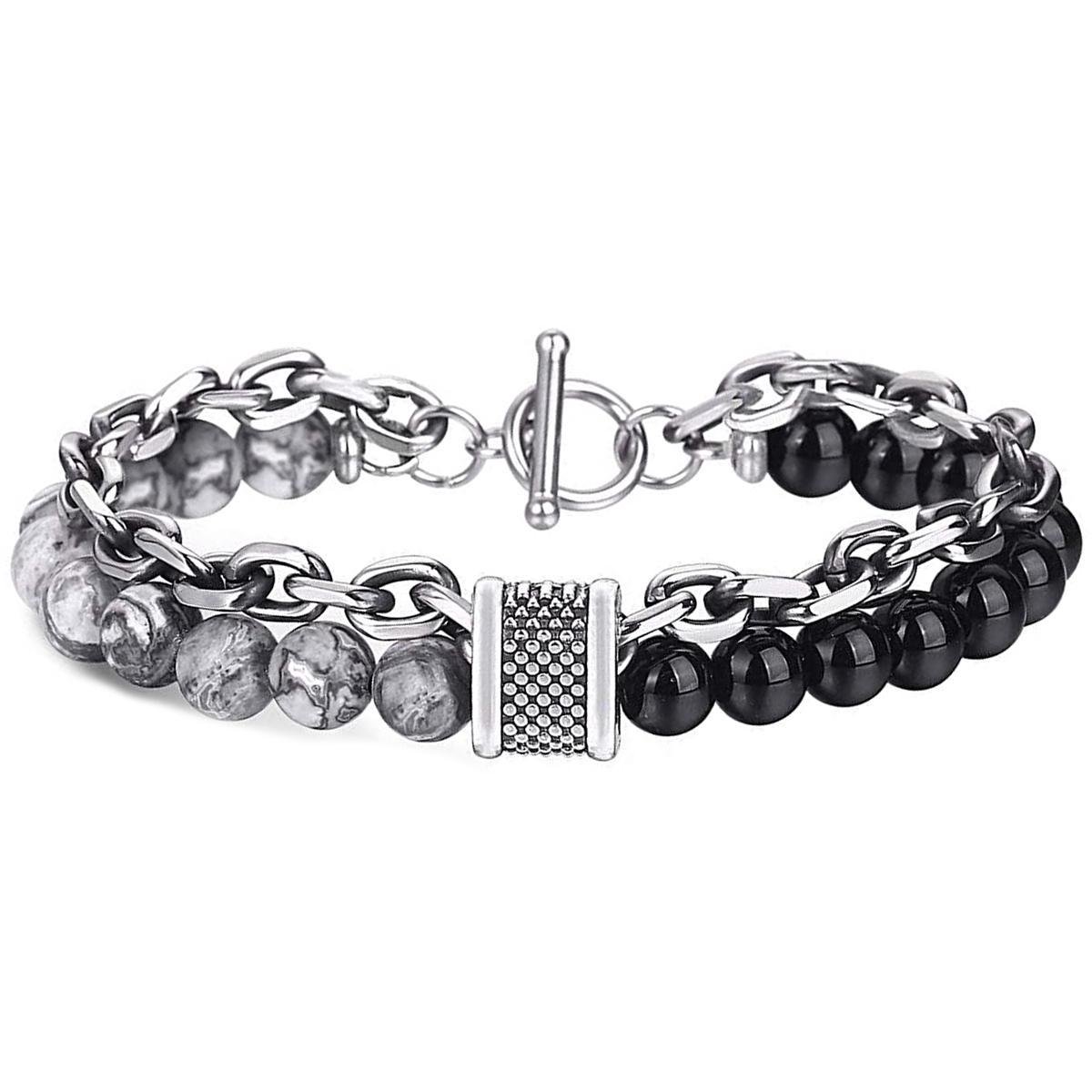 Victorious Set Grijs en Zwart Natuurstenen Kralen Armband Heren – Zilver Staal – 20.5cm