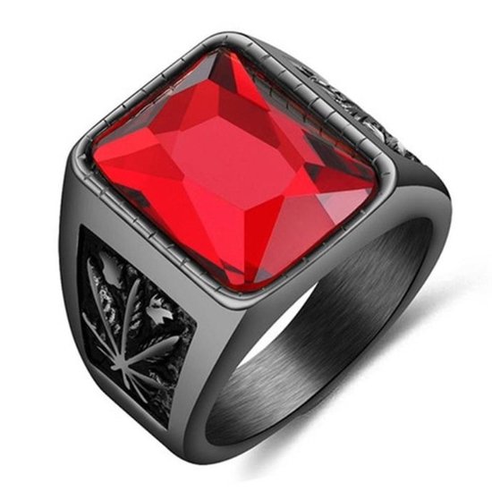 Victorious Ring Zwart Staal Cannabis en Rood Kristal Heren – Maat 61.5 (19.8mm)