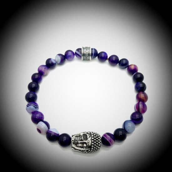 Bracelet en Natuursteen avec breloque tête de mort / bouddha / bouddha en Argent sterling 925 de 13 grammes d' Argent , bracelet en pierres précieuses fait à la main avec des perles de 8 mm (sardonyx violet).