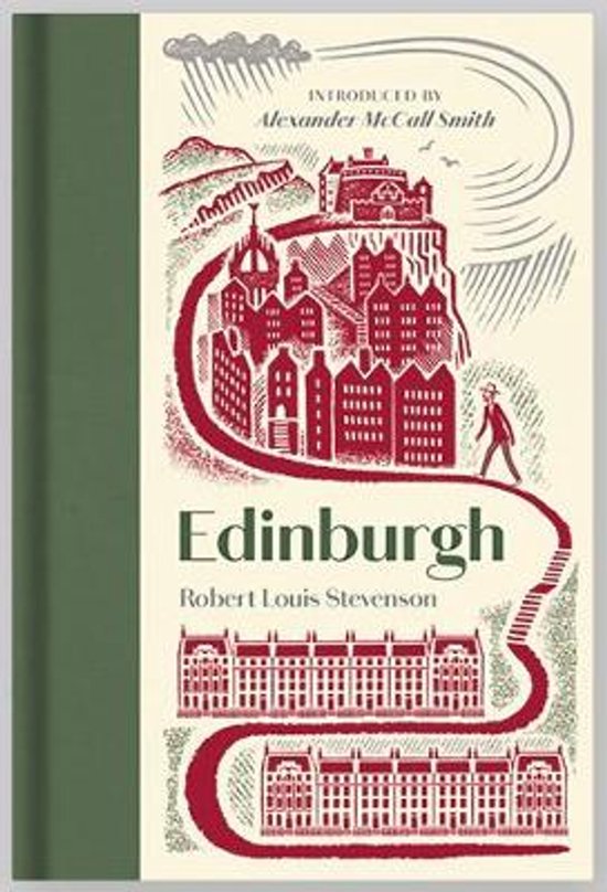 Couverture du livre Edinburgh de Robert Louis Stevenson, avec une illustration rouge et blanche de la ville et une couverture verte.