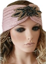Trendy hoofdband haarband van acryl met broche kleur roze maat one size