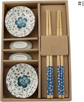Winkrs | Sushi set van kermamiek - blauw - Japans servies met kommetjes, eetstokjes en opleggers voor stokjes - voor 2 personen