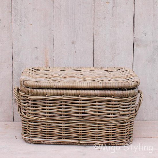 Panier de rangement-Avec couvercle-62x37xH38-Cane-Rotin-Cadre en fer-Gris
