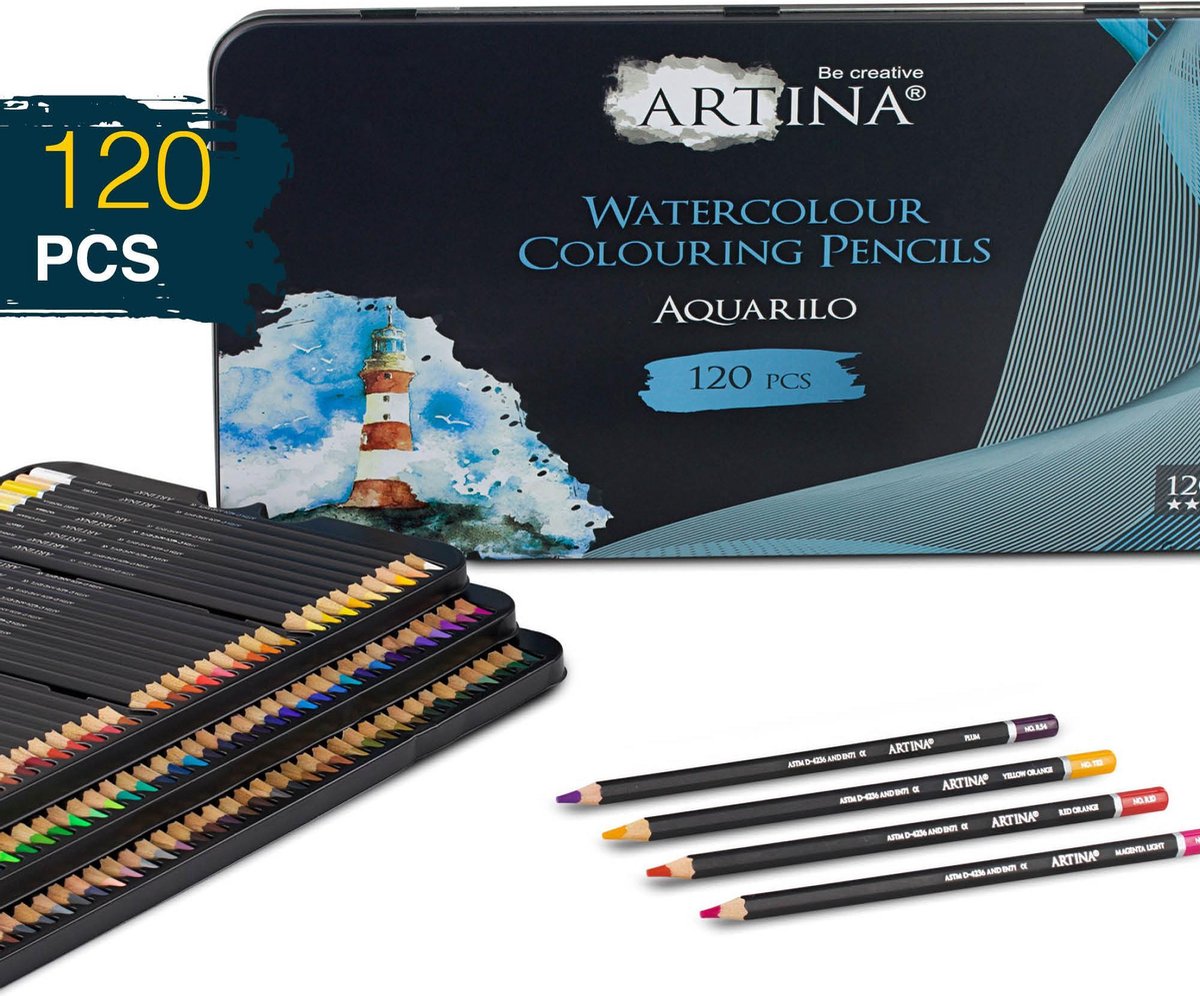 Artina Aquarilo aquarelpotloden set van 120 - kleurpotloden FSC gecertificeerde Potloden wateroplosbare houten stiften hoog gepigmenteerd