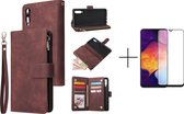 Luxe Telefoonhoesje voor Samsung Galaxy A70 | Hoogwaardig Leren Bookcase | Lederen Wallet Case | Luxe Uitstraling | Pasjeshouder 6 stuks | Portemonnee | Rits | Bruin + 1x screenpro