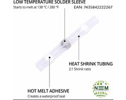 kabelverbinder wit - Soldeerhulzen - Krimpkous/ip68 /wit,Φ1,7mm , AWG 25- 26 /  draaddikte  0,25-0,34mm2, krimp 2:1 / lage temp soldeertin 10 stuks