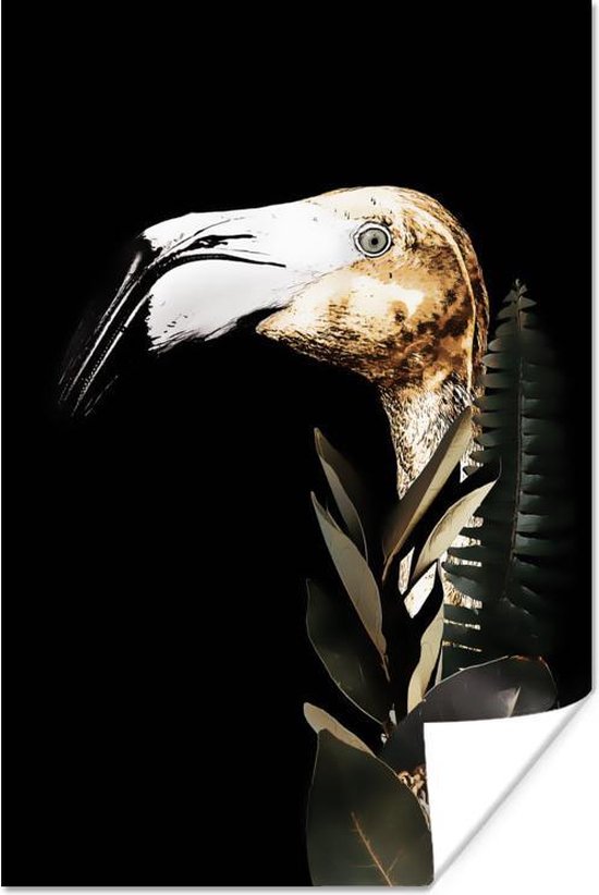 Portrait d'un flamant rose doré aux feuilles sur fond noir 80x120 cm