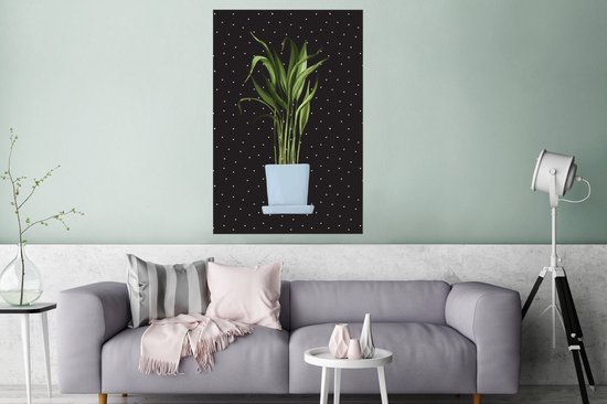 Illustration d'une plant aux longues feuilles fines sur fond noir à pois blancs 120x180 cm XXL / Groot format!
