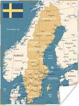 Poster Kaart en vlag van Zweden - 120x160 cm XXL