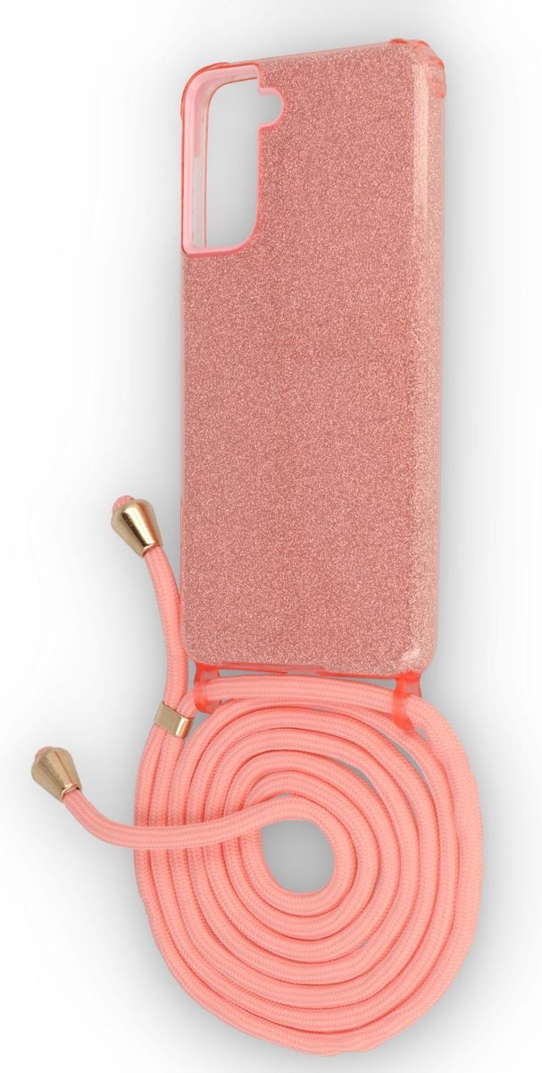 HB Hoesje Geschikt voor Samsung Galaxy S21 Plus - Roze - Glitter Back Cover met Koord