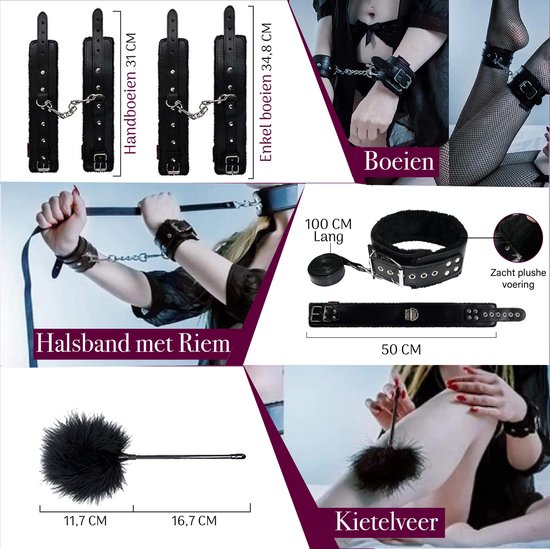 Detailafbeeldingen van BDSM-accessoires: handboeien 31cm, enkelboeien 34,8cm, halsband met riem 50cm, kietelveer 11,7cm.
