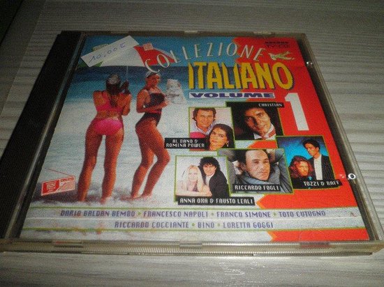 CD hoes met "Collezione Italiano Volume 1". Twee vrouwen op het strand, omringd door foto's van artiesten. Prijssticker 10,00.