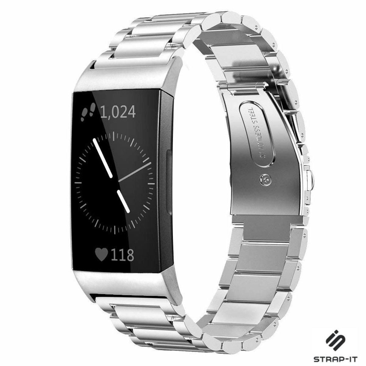 Strap-it Stalen schakel bandje - geschikt voor Fitbit Charge 3 / Charge 4 (zilver)