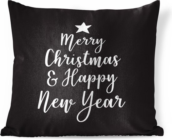 Sierkussens - Kussen - Kerst quote Merry Christmas & Happy New Year op een zwarte achtergrond - 60x60 cm - Kussen van katoen