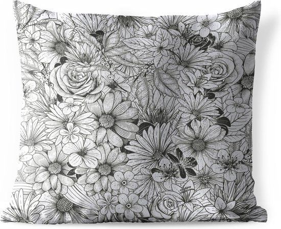 Buitenkussens - Tuin - Een zwart-wit illustratie van bloemdessin - 60x60 cm