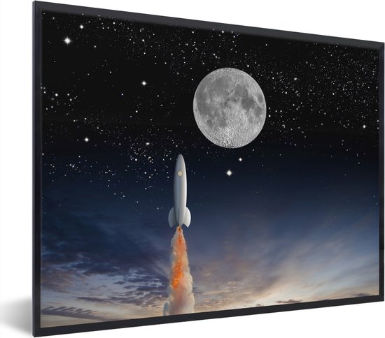 Fotolijst incl. Poster - Een illustratie van de space shuttle en de volle maan - 40x30 cm - Posterlijst