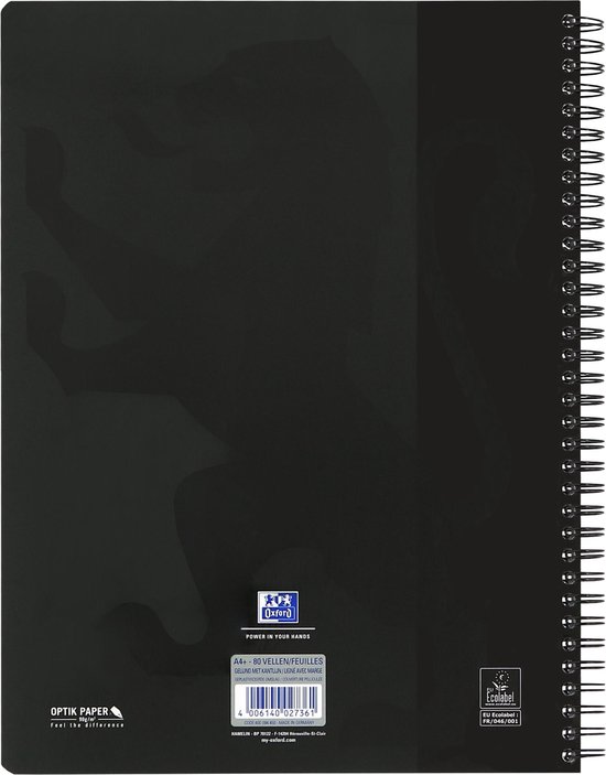 Achterkant van een zwart Oxford collegeblok met barcode en logo's.