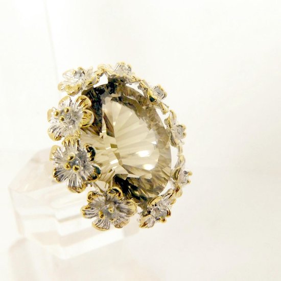 Hetty'S-Extravagante zilveren ring-Met grote Citrien-En bloemen-Maat 17 - Hetty'S