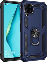 Huawei P40 Lite Stevige Magnetische Anti shock ring back cover case- schokbestendig-TPU met stand – Blauw + Gratis screenprotector