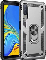 Stevige Magnetische Anti shock ring Geschikt voor Samsung Galaxy A7 2018 back cover case- schokbestendig-TPU met stand – Zilver + Gratis screenprotector