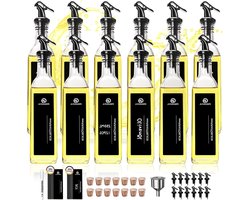 Oil Bottle with Spout Set of 12 - Glass Oil Dispenser for Filling 250 ml - Thickened Oil Bottle Vinegar and Oil Reset - Olive Oil Dispenser with 20 Great Labels