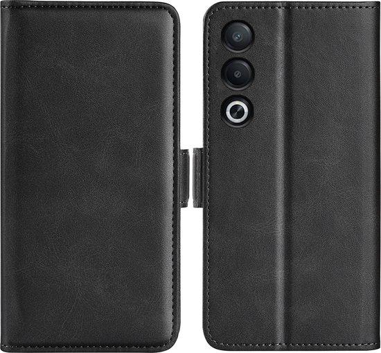 Zwart MobyDefend hoesje voor telefoon, gesloten en open met de achterkant van de telefoon.