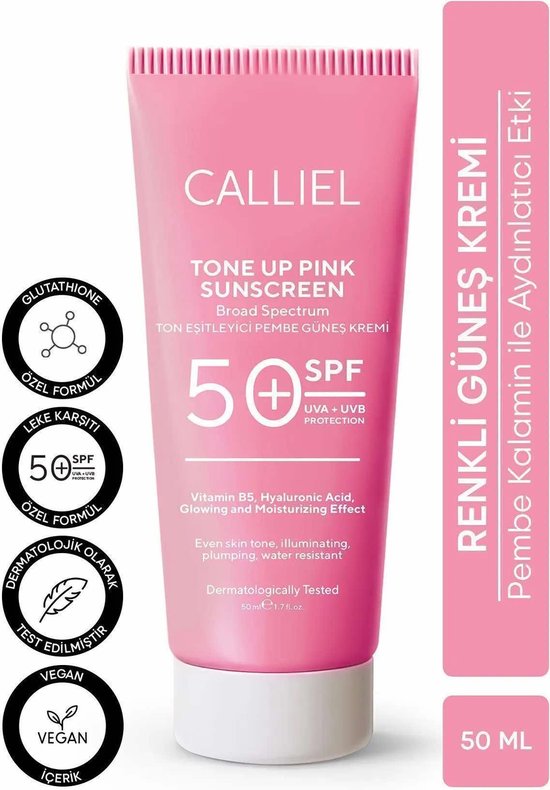 CALLIEL Tone Up Rink Sunscreen - Tone-egaliserende, Verhelderende SPF 50+ UVA UVB-Bescherming gekleurde Zonnebrandcrème met Glutathion Vitamine B5 Stralend Hydraterent en hyaluronzuureffect voor Gezicht en Lichaam50 ML