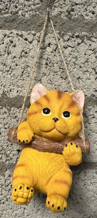 Animal de jardin suspendu en polyrésine « chat » - orange + rayures - hauteur 15x10x8 cm - corde de suspension - Pour l'intérieur ou l'extérieur - Accessoires de jardin - Accessoires de maison