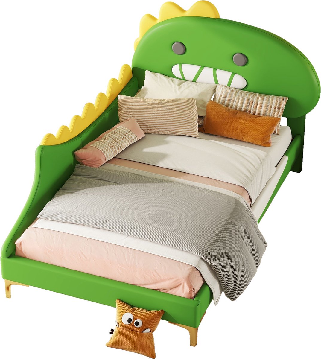 Merax Kinderbed 90x200 cm - Dinosaurus Eenpersoonsbed - Kunstleer Gestoffeerd Bed in Dino Vorm - Groen
