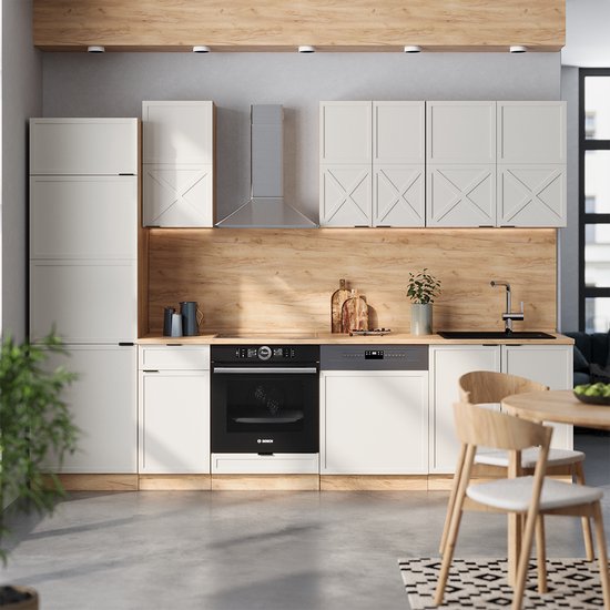 Cuisine complète Vicco Fame- Line – 300 cm, chêne Grijs/beige/doré