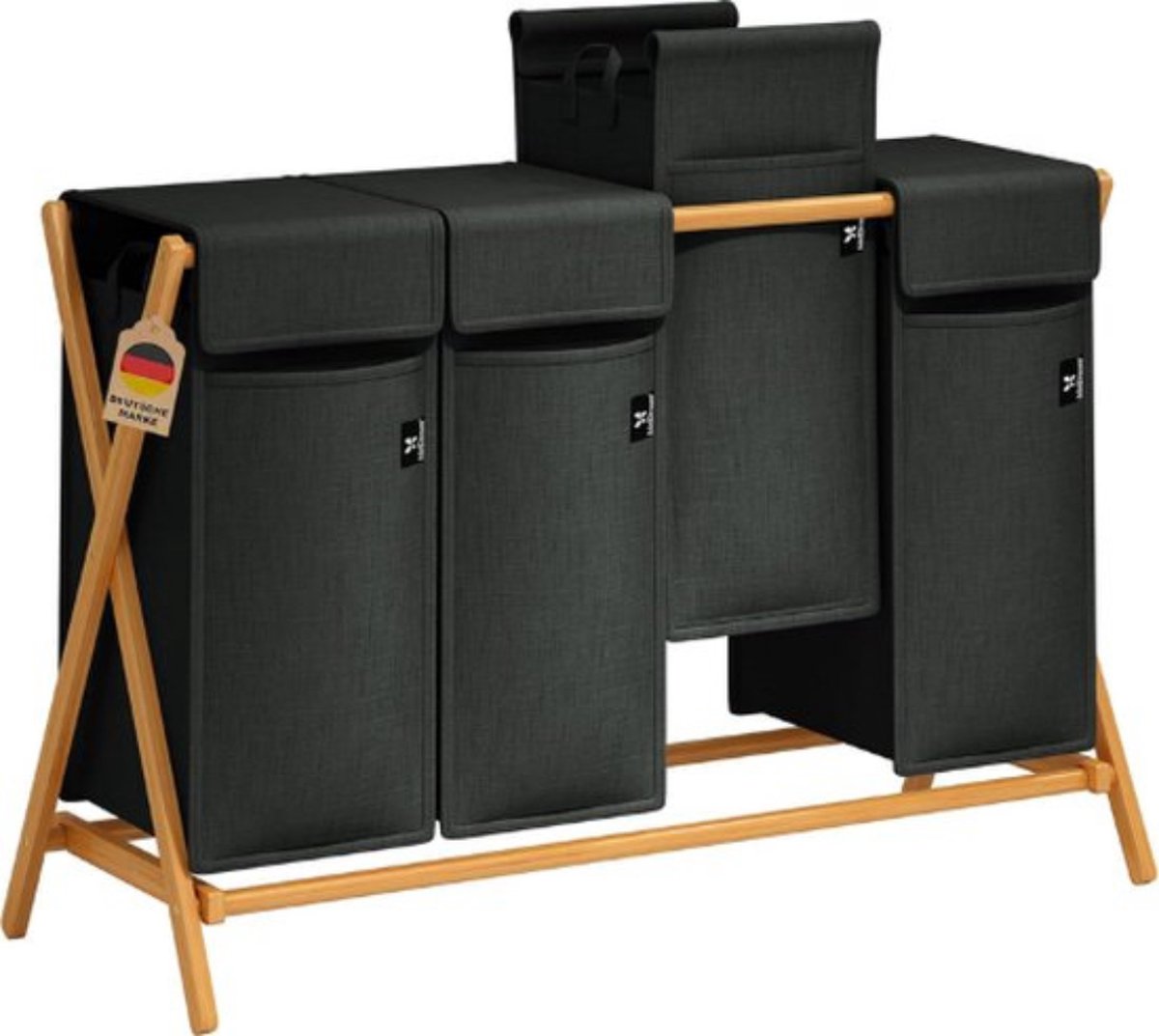 Goedkoopste Luxe Wassoorteerder – Wasmand 4 Vakken – Was Organizer – Met Deksel – 200L Capaciteit – Natuurlijke Materialen – Stijlvol – Zwart