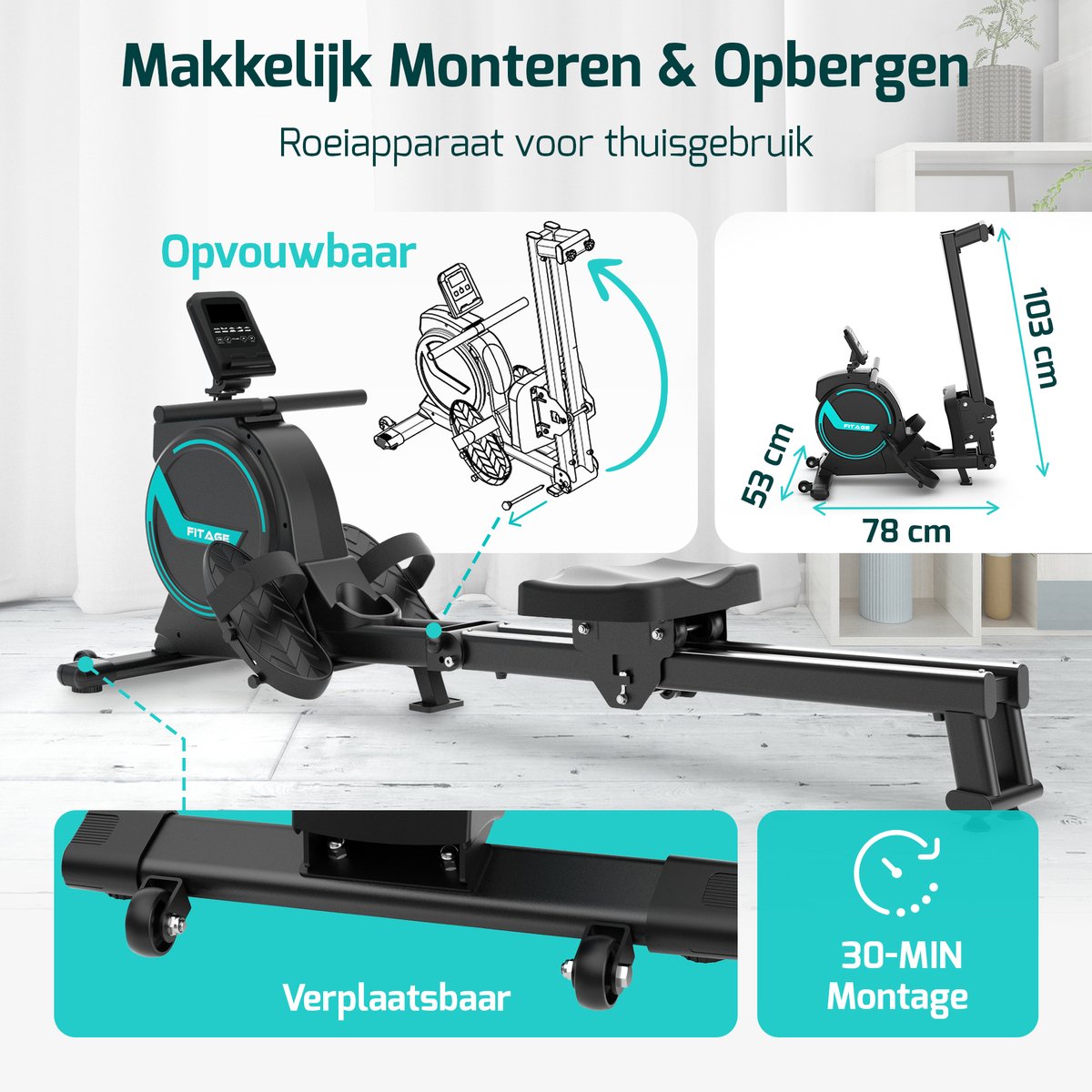 Afbeelding 3 van FITAGE Roeitrainer - Roeimachine 16 Weerstandniveaus - Roeiapparaat met Trainingsprogrammas en App - Roeitrainers - Inklapbaar