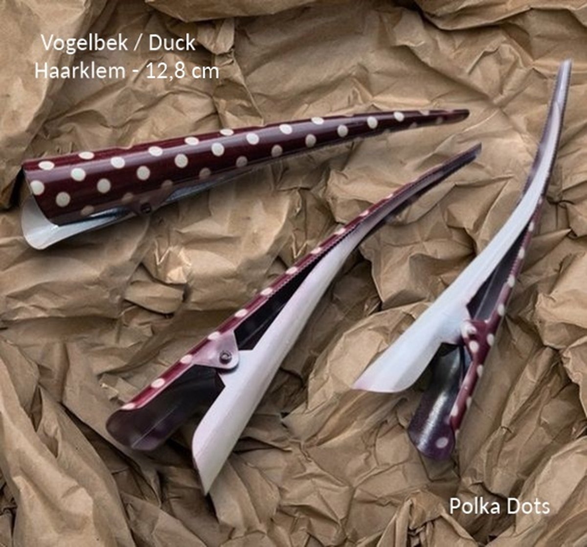 H.A.M.A - Metalen Duck Platbek Crocodile Vogelbek Haarklem - 13 cm - 1 stuks - Metaal – Polka Dots stippen – Donker Rood Bordeaux / Room Wit - volwassenen tieners kinderen - casual feest