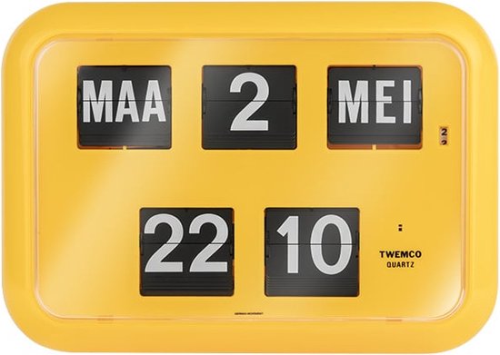 Twemco QD-35 - Flipklok - Geel - Flip Klok - Nederlandse Datum - 24-uurs tijdsaanduiding - Retro Klok - Wandklok - Tafelklok - Datumklok - Klok Met Datum - Klok Met Dag - Kalenderklok - Digitale Tijdsaanduiding - Wandklok Woonkamer