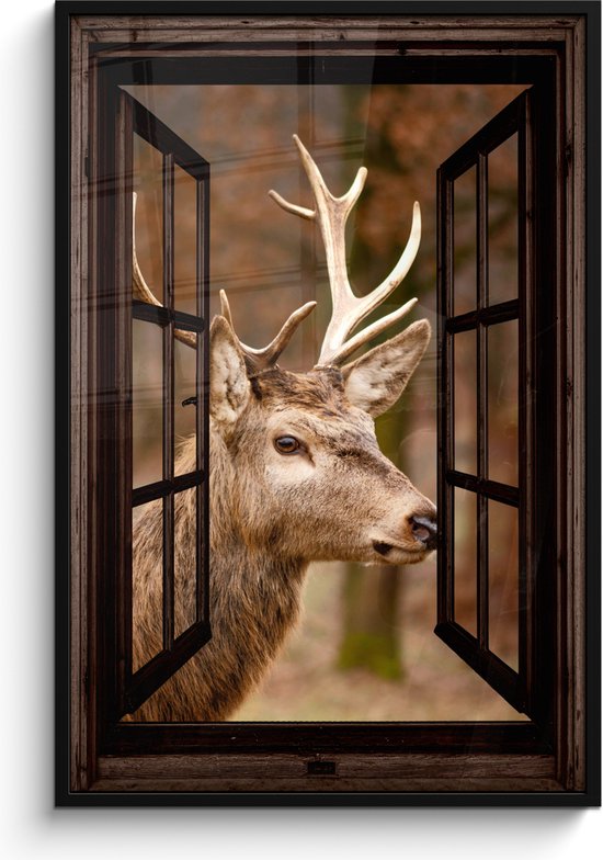 Affiche sous cadre - Cadre photo 80x120 cm - Posters - Cerf - Animal - Forêt - Automne - Tête de cerf - Marron - Transparent - Cadre affiche noir - Décoration - Décoration murale salon - Décoration murale chambre