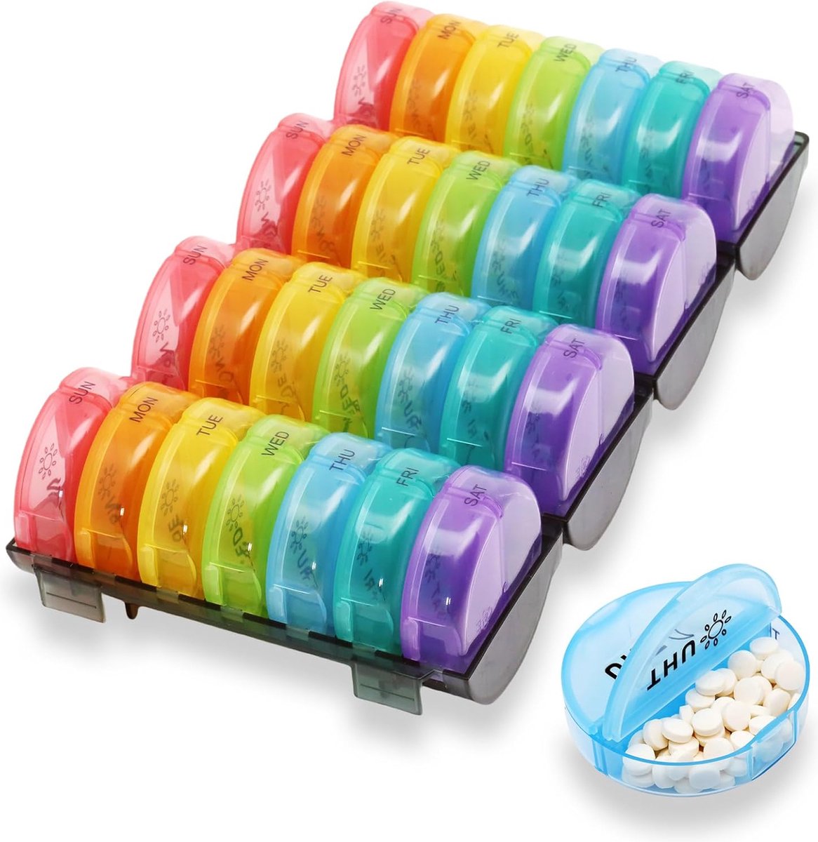 Goedkoopste 28-daagse medicatiedispenser, extra grote maandelijkse medicatie-organizer, dagelijkse pillendoos-organizer voor pillen, visolie, vitaminen en supplementen (regenboogkleuren