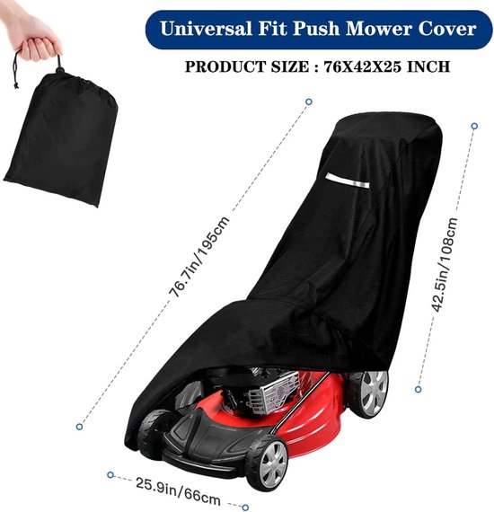 Buitenshuis grasmaaierhoes - Heavy Duty 210D Polyester Oxford waterdicht, UV-bescherming Universele pasvorm Duwgrasmaaier met trekkoord & hoes Opbergtas, grasmaaierhoezen voor buiten waterdicht, zwart van Merkloos	 — afbeelding 2