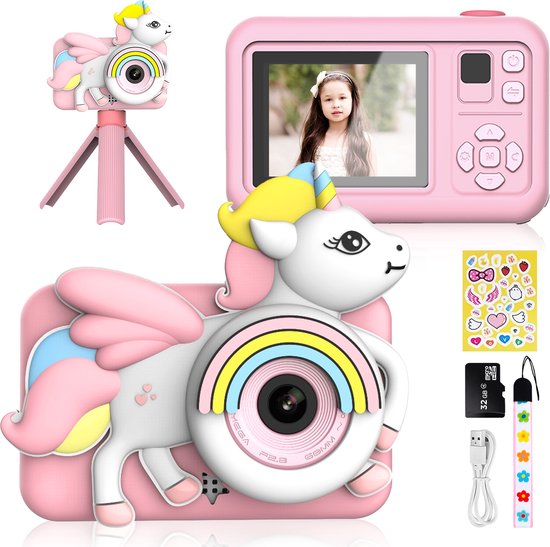Ilona® Digitale Kindercamera HD 1080p – Vlogcamera met Tripod, Stickervel en Selfie Camera – Speelgoed Fotocamera voor Kinderen – Inclusief 32GB microSD Kaart – Unicorn Roze Kinderfototoestel voor Foto’s en Video’s