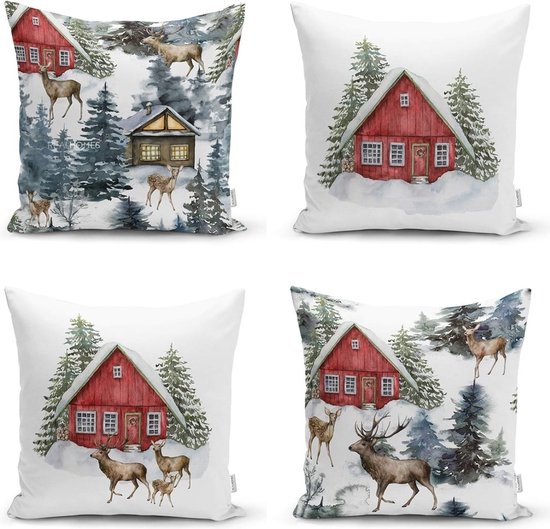 Velvet Kussenhoes set van 4 stuks - 45x45 - Rendieren & Berghuisje - Kussensloop - Kerst decoratie