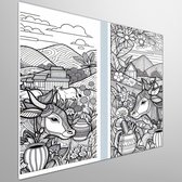 Line art koeien schilderij | Mooi zicht: geschilderde kudde grazende koeien in strakke lijnen | Kunst - 75x75 centimeter op Forex | Foto op Forex