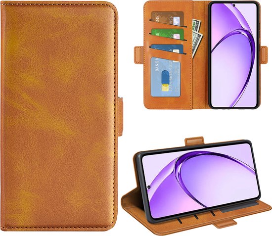 Collage met een bruine wallet case, gesloten, open met telefoon, pasjes en geld, en liggend met telefoon.