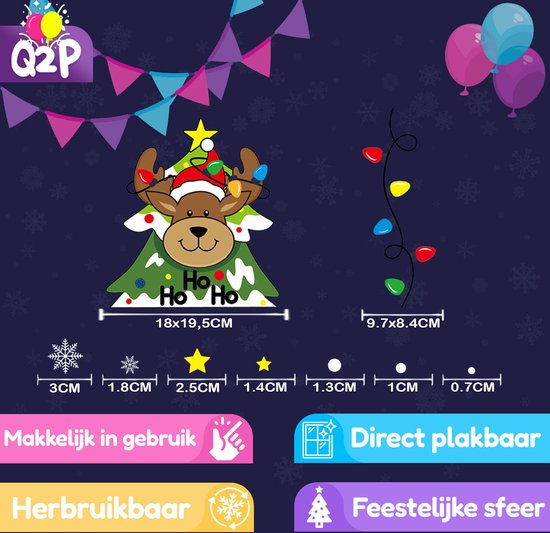 Kerstboomdecoratie met rendier, kerstlichtjes en sneeuwvlokken. "Ho Ho Ho". Afmetingen 18x19,5cm.