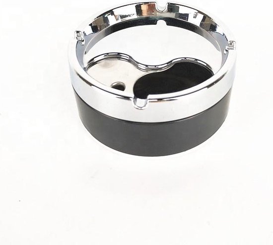 Zwarte draaiasbak met yin-yang motief en chroomkleurige rand, op witte achtergrond.