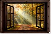 Tuinposter 120x80 cm - Tuindecoratie Bos - Bomen - Herfst - Zon - Herfstbladeren - Natuur - Doorkijk - Poster voor in de tuin - Buiten decoratie - Schutting tuinschilderij - Tuindoek muurdecoratie - Wanddecoratie balkondoek