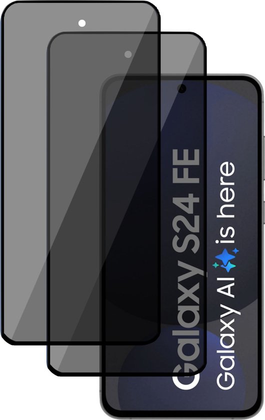 Privacy screenprotector voor Samsung Galaxy S24 FE. Achtergrond toont tekst 'Galaxy S24 FE Galaxy AI is here'.